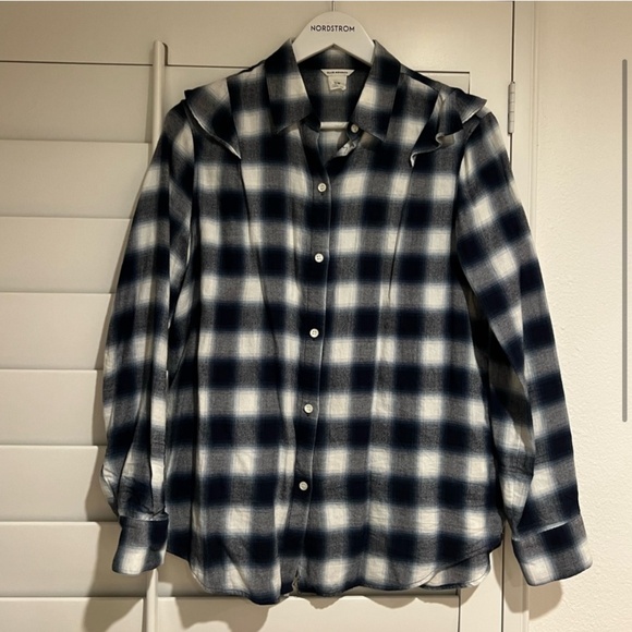CLUB MONACO EUC Evira M Plaid Flannel Ruffle Shoulder Top Shirt Button Front - Picture 2 of 6